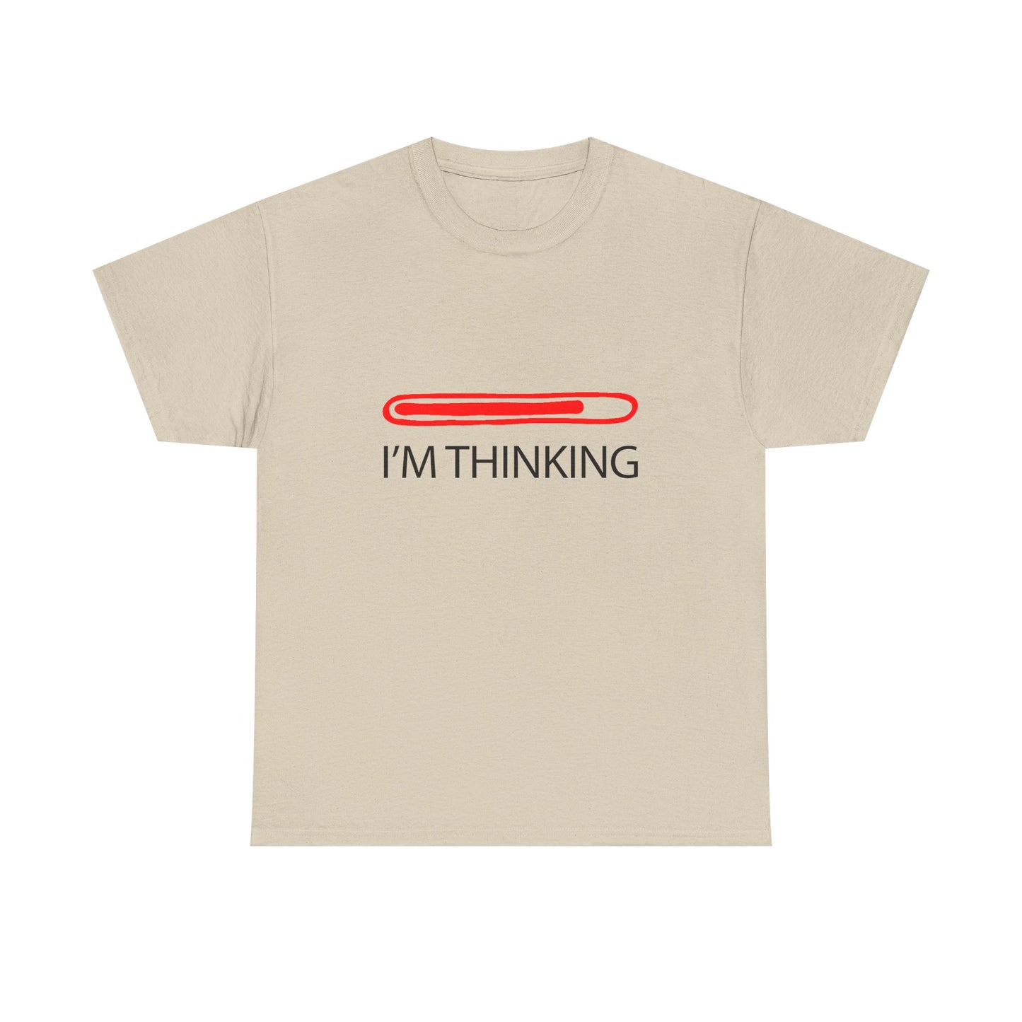 Elegant beige I'm Thinking t-shirt showcases a deep red progress bar design, offering a sophisticated touch to casual attire.