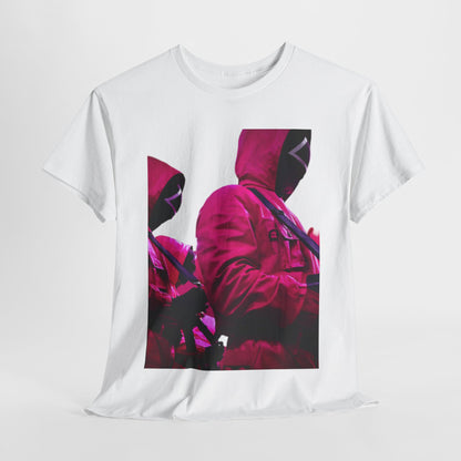 Luxury Squid Game Unisex Men's Women's Graphic Cotton Funny T-shirt featuring striking pink figures inspired by the popular series, perfect for fans who embrace bold fashion statements.