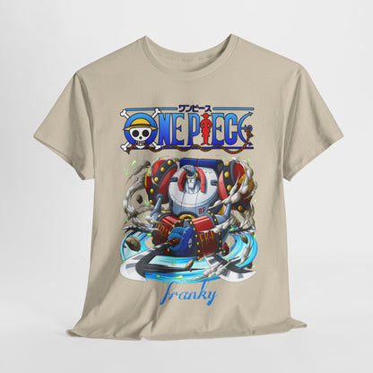 Chic One Piece Franky mens t-shirt displayed on a neutral backdrop, accentuating its striking design of Franky, perfect for making a statement in contemporary streetwear.