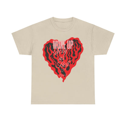 Woke Up Sexy Women's Graphic T-Shirt in Light Beige displaying a Bold Heart Design - Elegant Casual Style Tee with artistic red patterns.