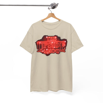 Luxurious unisex tee featuring the captivating 'THE UPSIDE DOWN' graphic in bright neon-red, a must-have for stylish fans of the supernatural.