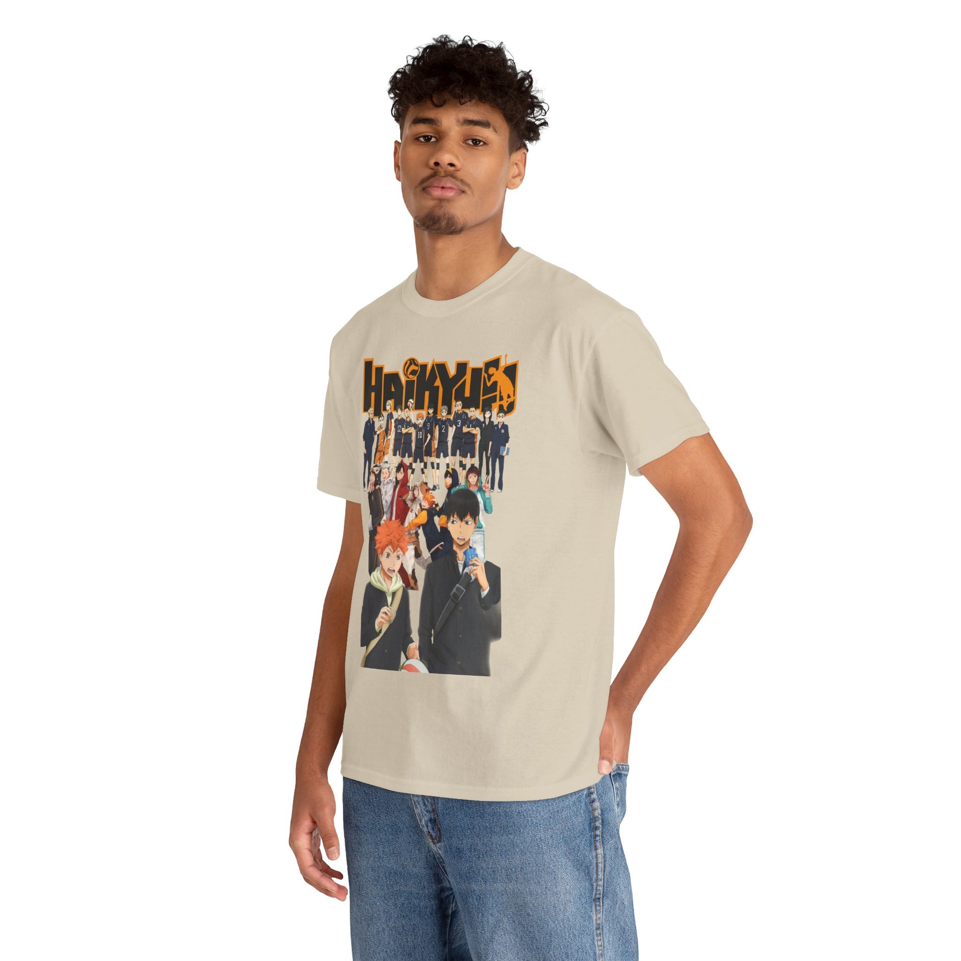 Stylish model showcasing the Haikyuu!! All-Stars T-Shirt, adorned with vibrant graphics of favourite characters, perfect for anime enthusiasts.