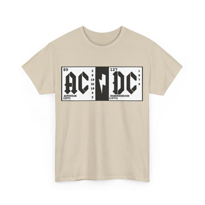 Elements AC DC Graphic T-Shirt Urban Unisex Cotton Tee in a soft beige, highlighted by the distinctive AC/DC graphic design representing musical heritage and scientific allure.