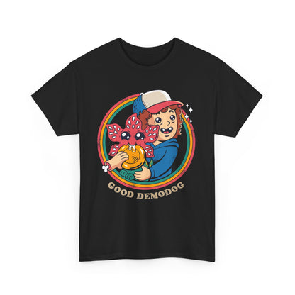 Stranger Things Funny Mens Womens Graphic T-Shirt featuring a whimsical cartoon design of a cheerful boy offering a snack to a playful Demogorgon, encircled by a vibrant rainbow border, perfect for urban street style wear.