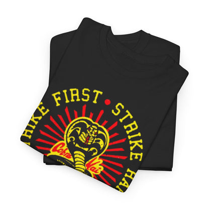 Premium-looking black Cobra Kai t-shirt with an artistic display of the 'Strike First, Strike Hard, No Mercy' motif, ideal for casual elegance.