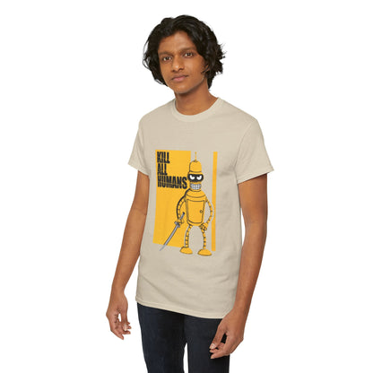 Chic men's graphic t-shirt showcasing Bender from Futurama, displaying the provocative text 'KILL ALL HUMANS', ideal for enthusiasts of unique pop culture fashion.