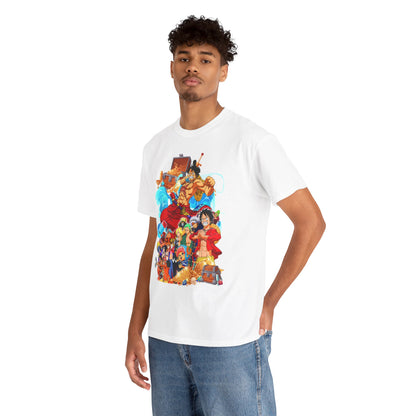 Elegant male model presenting a white T-shirt featuring a stunning anime graphic, perfect for expressing fandom while maintaining a sophisticated casual look.