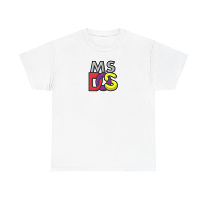 Unisex MS DOS Logo Graphic Tee showcasing a vintage computer aesthetic design, featuring the iconic MS DOS logo in vibrant colours on a premium white cotton fabric.