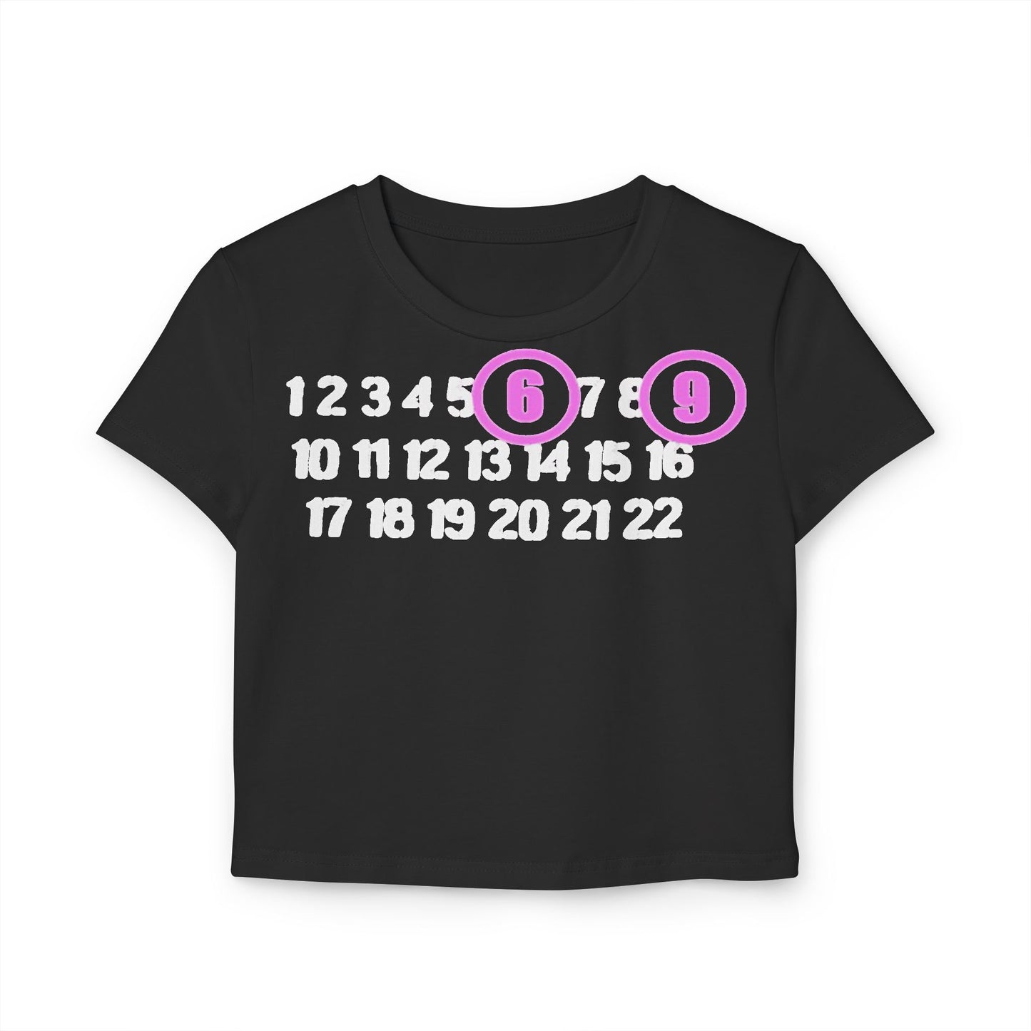 Chic black cropped t-shirt exuding sophistication with a whimsical number display, highlighting 6 and 9 in vibrant light purple circles.