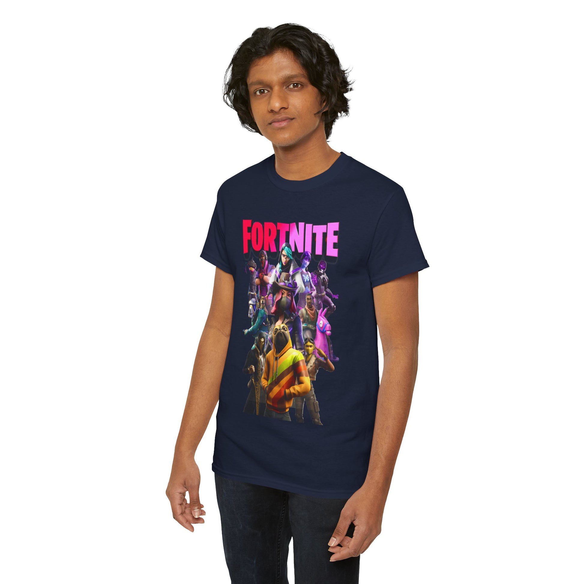 Luxury Fortnite Squad Drip T-Shirt featuring vibrant colours and iconic characters, modelled by a young man. This stylish tee highlights bold 'FORTNITE' lettering in pink against a dark navy background.
