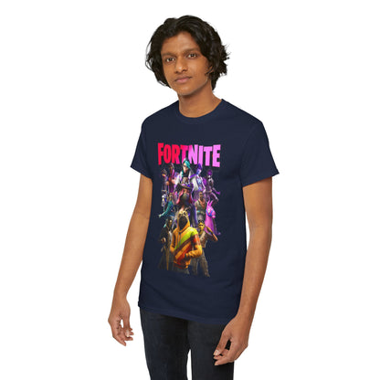Luxury Fortnite Squad Drip T-Shirt featuring vibrant colours and iconic characters, modelled by a young man. This stylish tee highlights bold 'FORTNITE' lettering in pink against a dark navy background.