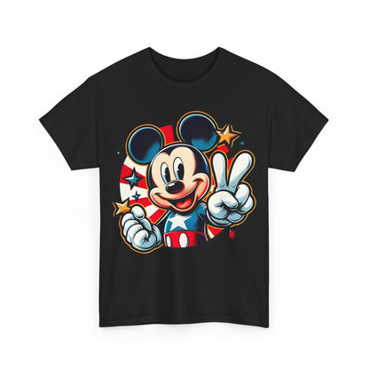 Stunning front view of the Mickey Mouse Pop Art Graphic unisex graphic tee shirt featuring a vibrant illustration of Mickey Mouse in patriotic colours, embodying a regal charm and joyful spirit.