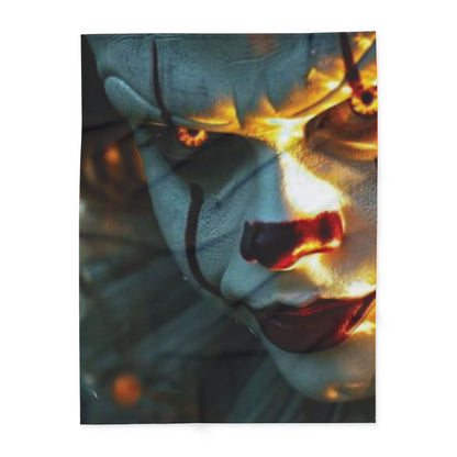Beautifully designed Decorative and Warm Halloween Pennywise IT Arctic Fleece Blanket highlighting a chilling clown visage, ideal for Halloween festivities.