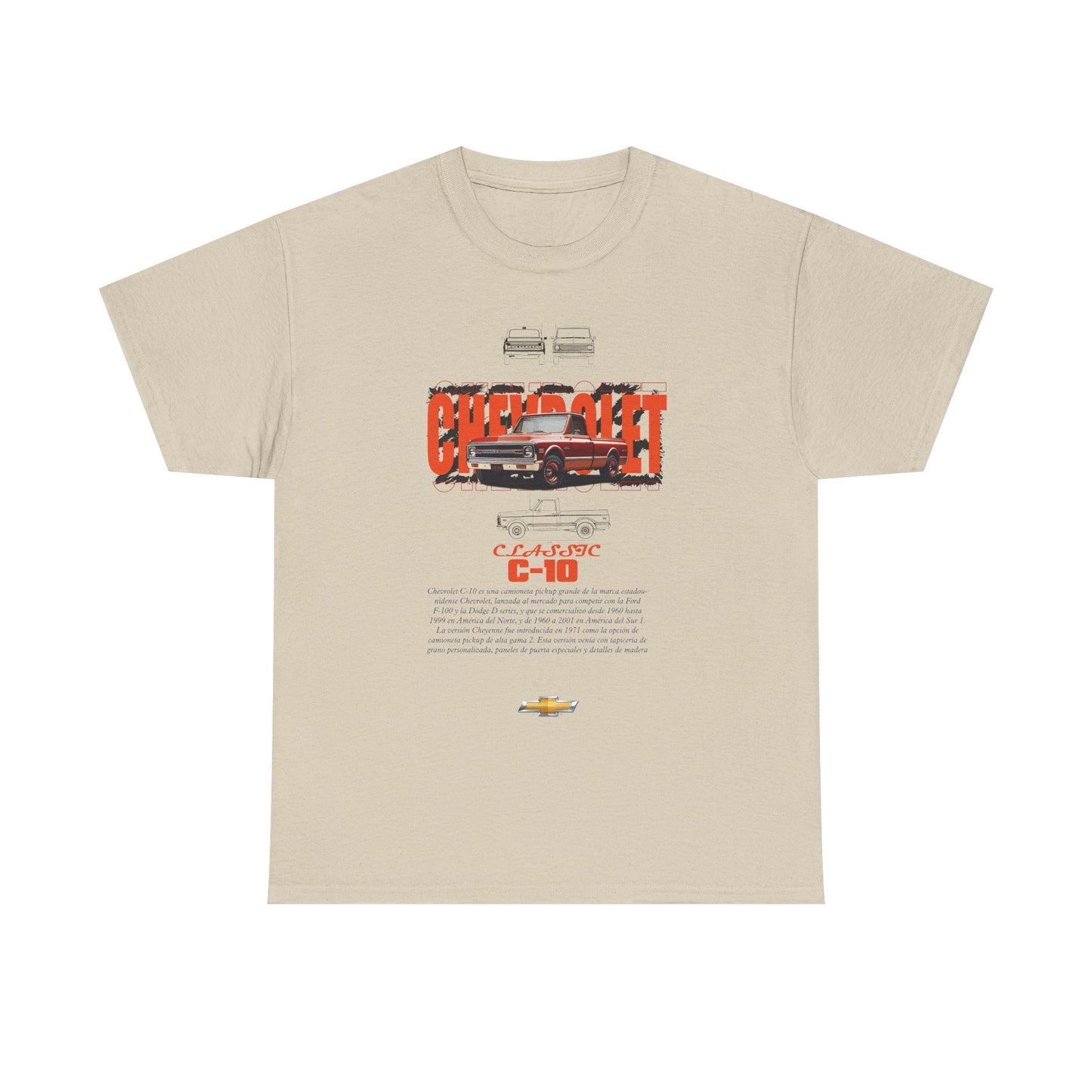Refined beige t-shirt displaying a vintage Chevrolet C-10 graphic, featuring a rich design that combines nostalgia with modern comfort, perfect for car enthusiasts.
