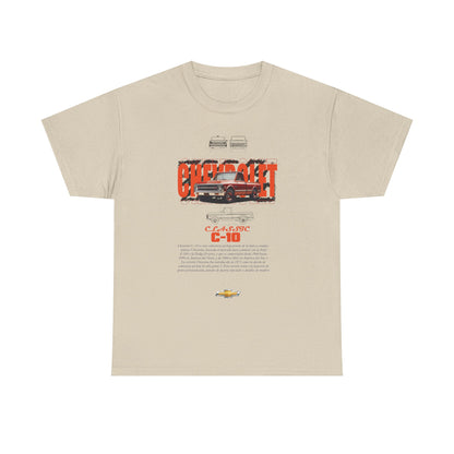 Refined beige t-shirt displaying a vintage Chevrolet C-10 graphic, featuring a rich design that combines nostalgia with modern comfort, perfect for car enthusiasts.