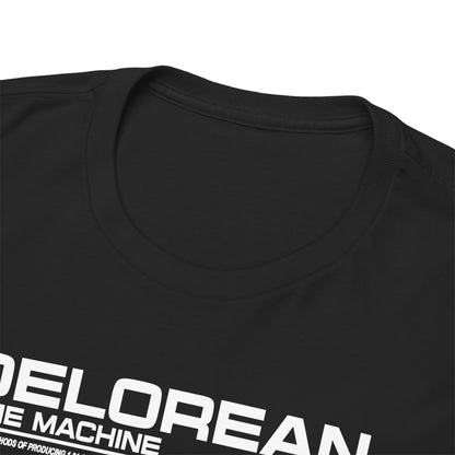 Close-up view of the neckline and fabric of a luxury black t-shirt, showcasing premium quality and intricate detailing of the DeLorean time machine design.
