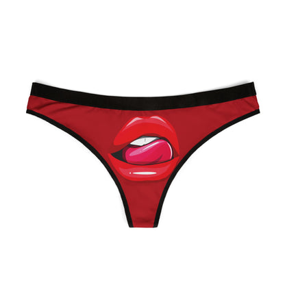 Stylish Women's thong showcasing a cheeky graphic of vibrant red lips with a tongue, ideal for adding a touch of flirtation and elegance to any intimate wardrobe.
