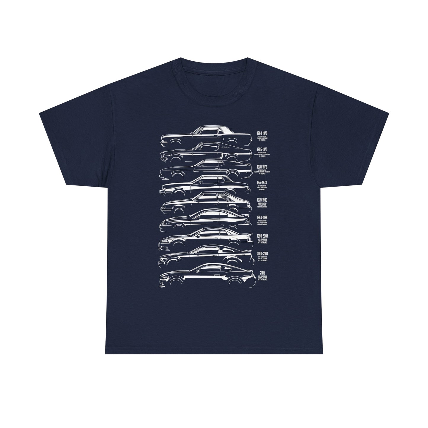 Timeless Ford Mustang Evolution Tee in navy, presenting a stylish graphic of the Ford Mustang's historical designs, suitable for upscale casual wear among car aficionados.