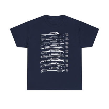 Timeless Ford Mustang Evolution Tee in navy, presenting a stylish graphic of the Ford Mustang's historical designs, suitable for upscale casual wear among car aficionados.