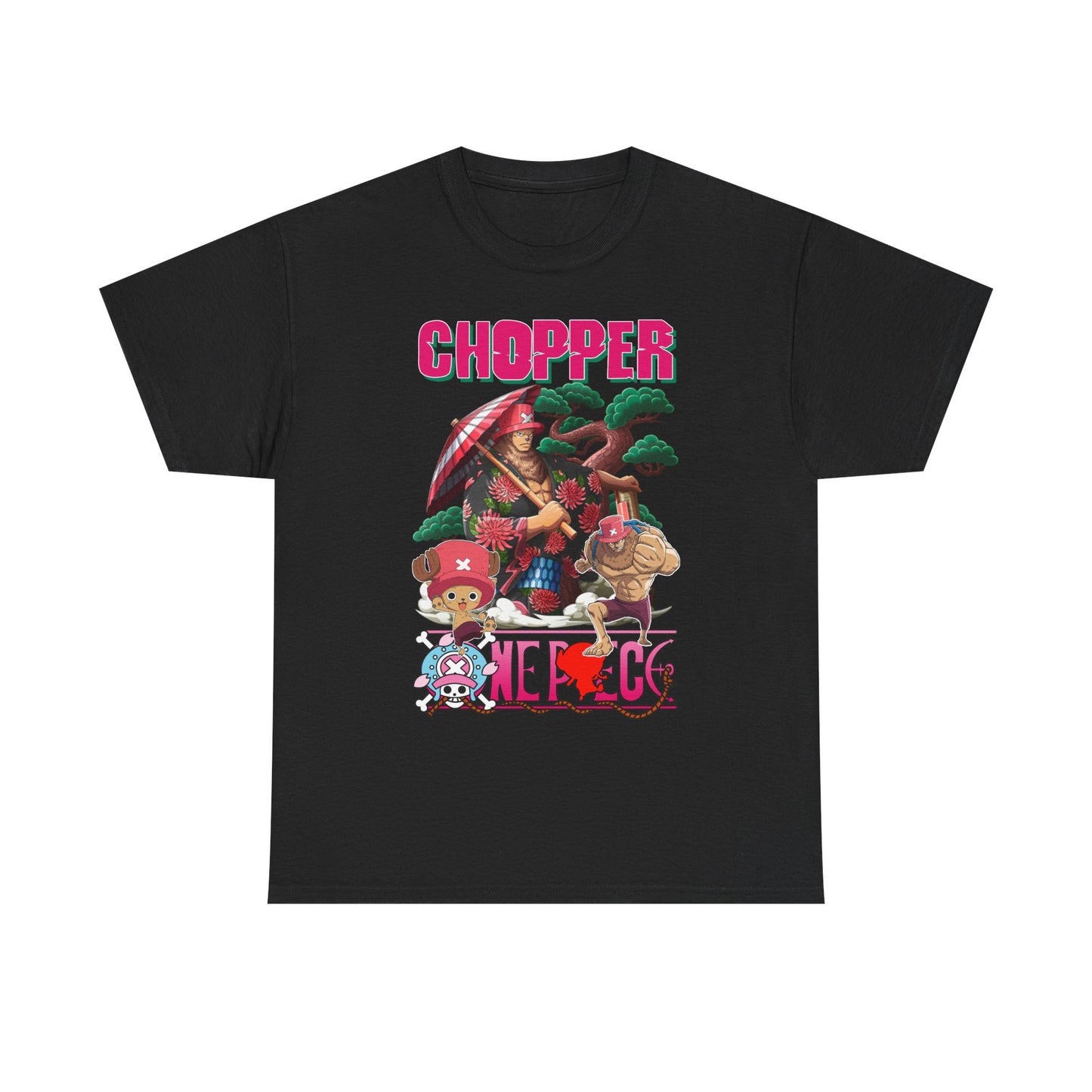 Sleek black men's t-shirt adorned with captivating anime graphic art of Chopper and friends, a must-have for sophisticated wardrobes.