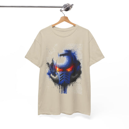 Chic t-shirt showcased on a hanger, featuring an enigmatic blue helmet with vibrant red eyes, perfect for expressing individuality in style.
