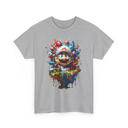 Mario's Colorful Adventure Graphic T-Shirt in grey, featuring an eye-catching illustration of Mario amidst colourful paint splatters, designed for trendsetters.