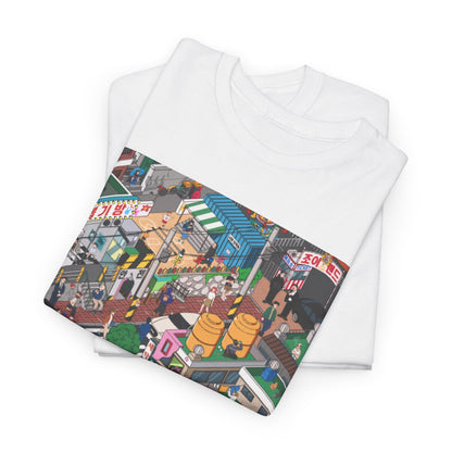Sophisticated unisex graphic tee folded neatly, displaying an elaborate urban landscape, suitable for fashion-savvy connoisseurs.