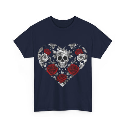Skulls and Roses Cotton Tee - front view of a luxurious unisex graphic shirt in navy, featuring an artistic arrangement of skulls and roses within a heart, a statement piece for any wardrobe.