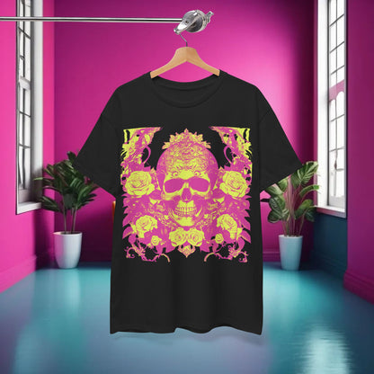 Skulls and Roses Cotton Tee showcased in an opulent setting, featuring a bold graphic design, ideal for stylish casual wear.