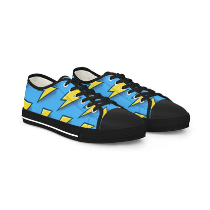 Bolt Brightley Men's Lowtop Sneakers by Printify in vibrant blue featuring a striking yellow lightning bolt design, perfect for elevating your street style.