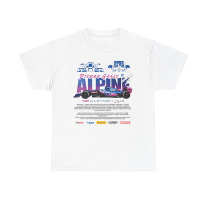 Elegant white Alpine F1 Team Men’s T-Shirt showcasing striking graphics dedicated to Pierre Gasly, embodying the dynamic spirit of the BWT Alpine F1 Team for stylish racing fans.