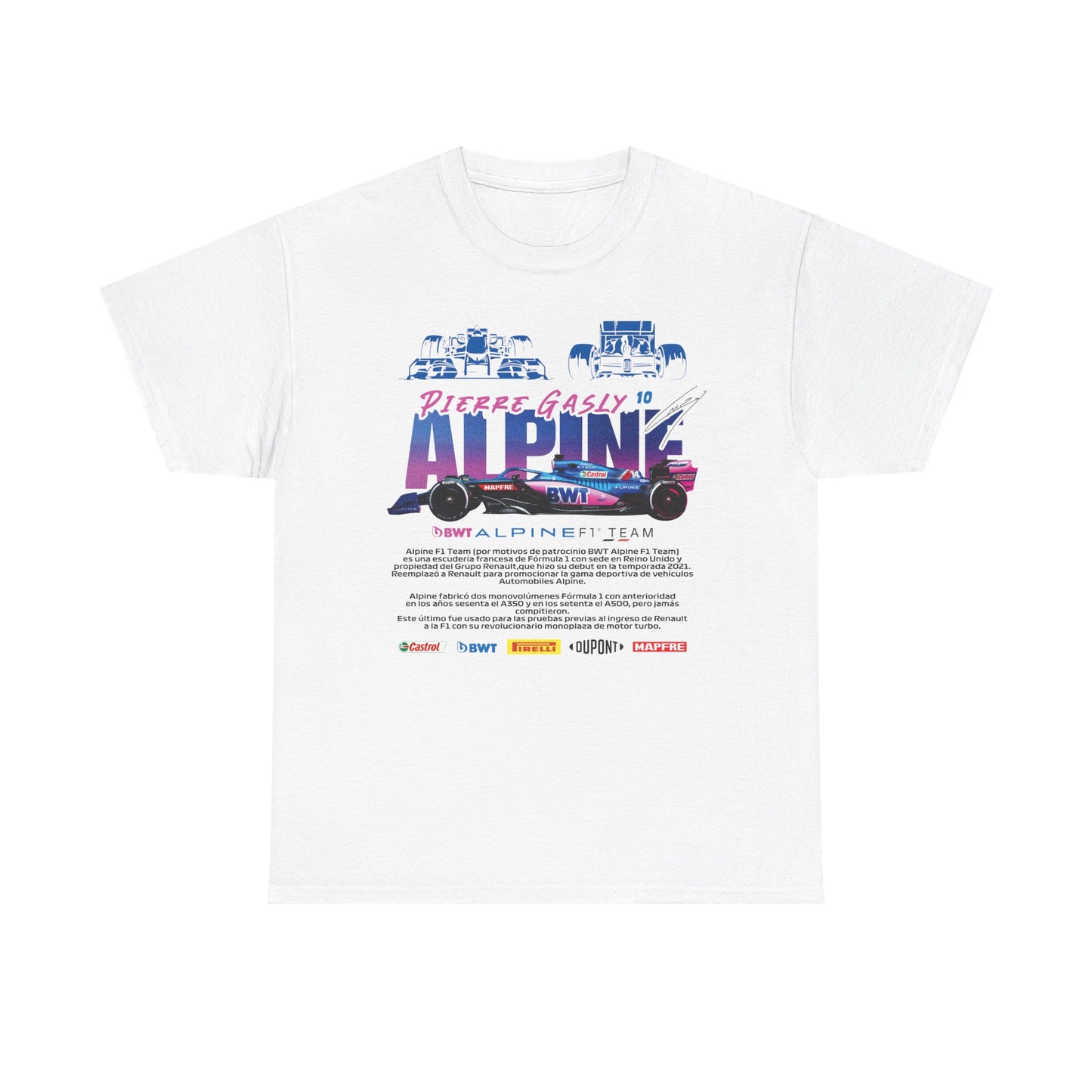 Alpine F1 Team Men's T-Shirt in white showcasing Pierre Gasly's name and vibrant racing graphics, perfect for stylish motorsport fans.