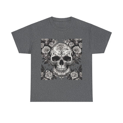 Skulls and Roses Cotton Tee in heather grey, showcasing a captivating steampunk skull and rose artwork, designed for those who embrace edgy fashion.