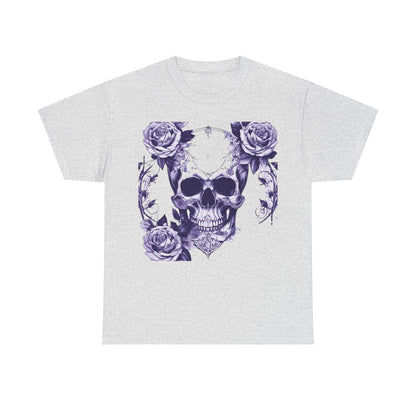 Skulls and Roses Cotton Tee featuring a bold skull and rose design in purple, perfect for those seeking stylish and edgy graphic shirts.