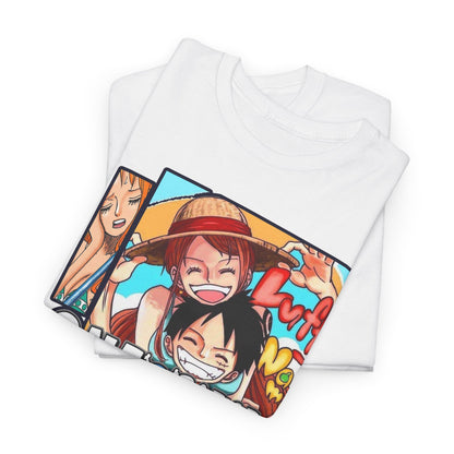 Folded luxury white One Piece T-shirt featuring cheerful manga characters, ideal for collectors and anime enthusiasts.