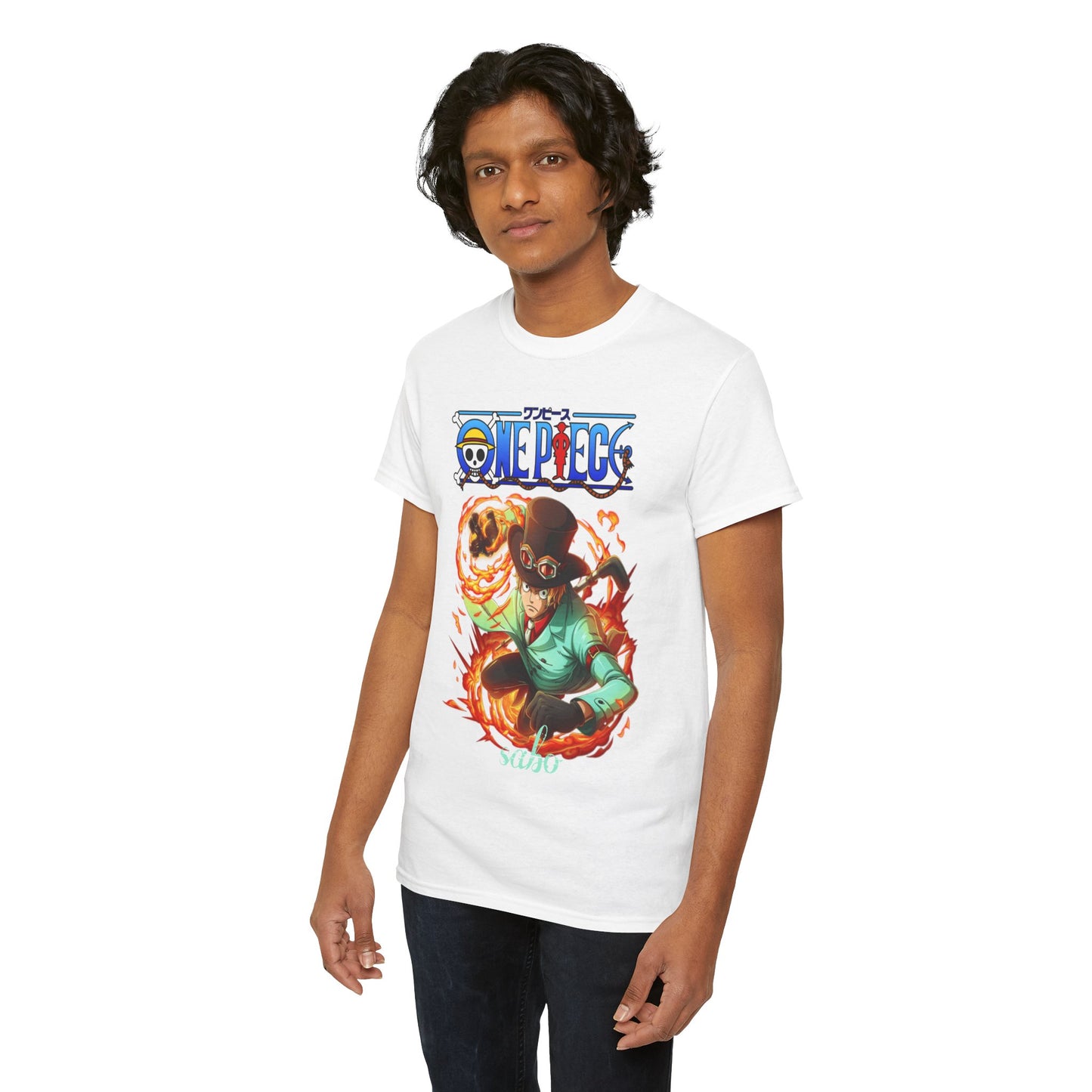 Sophisticated t-shirt model in a pristine white shirt featuring a striking anime character, elegantly posed in action. A perfect blend of style and fandom for discerning anime lovers.