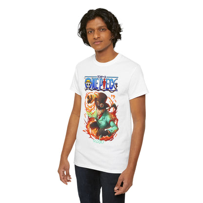 Sophisticated t-shirt model in a pristine white shirt featuring a striking anime character, elegantly posed in action. A perfect blend of style and fandom for discerning anime lovers.
