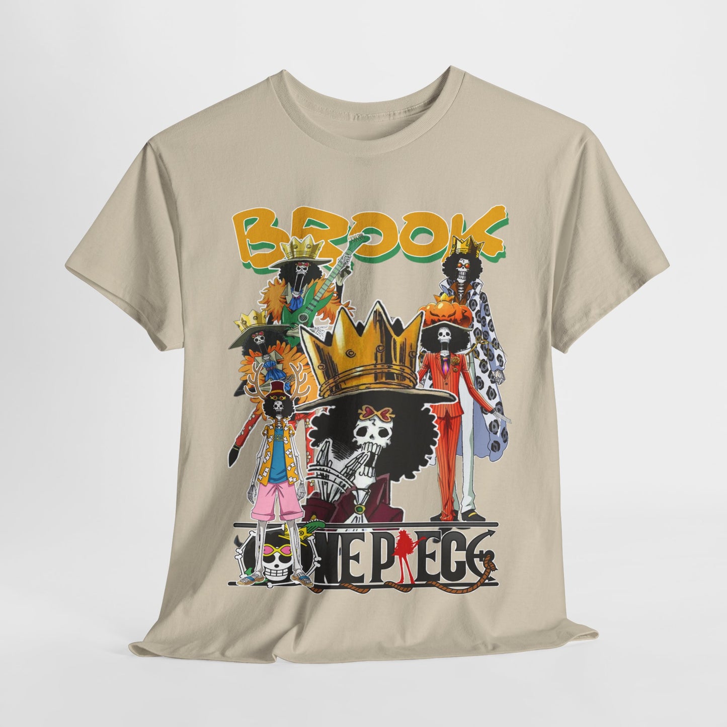 Stylishly draped beige t-shirt featuring a lively collage of Brook characters, showcasing a blend of elegance and anime culture.