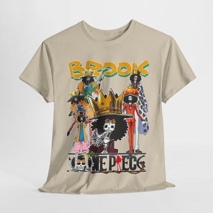 Stylishly draped beige t-shirt featuring a lively collage of Brook characters, showcasing a blend of elegance and anime culture.