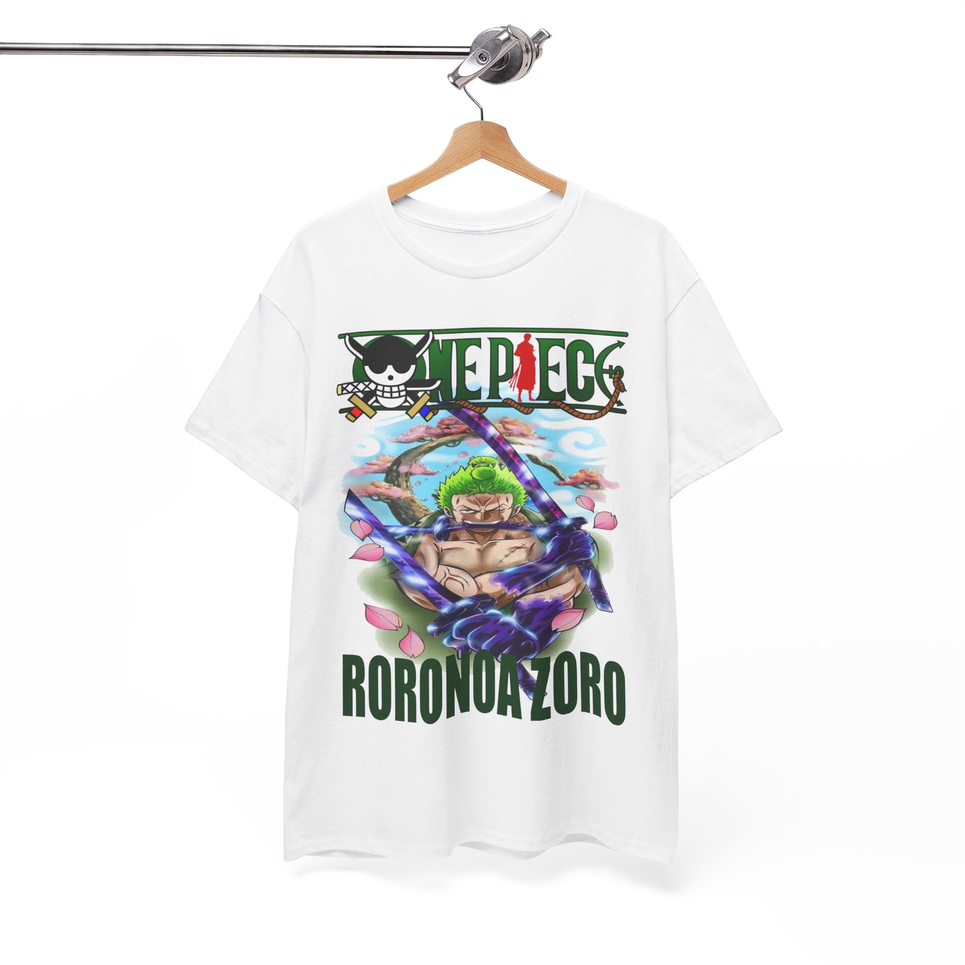 Sophisticated display of Roronoa Zoro graphic tee perfectly styled on a hanger, highlighting a unique blend of anime and fashion with bold colours and captivating imagery.