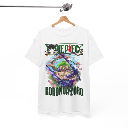 Sophisticated display of Roronoa Zoro graphic tee perfectly styled on a hanger, highlighting a unique blend of anime and fashion with bold colours and captivating imagery.