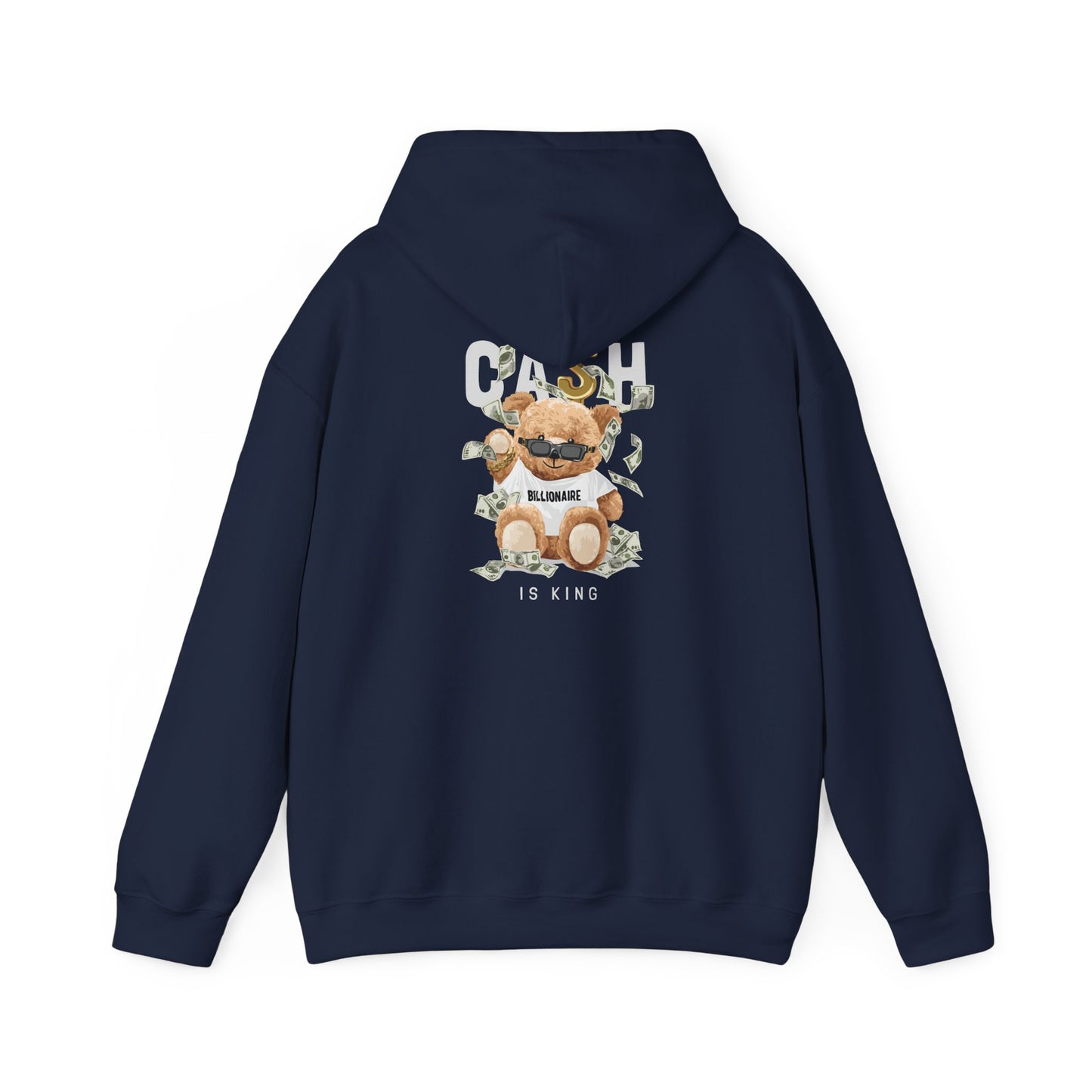 Lavish navy hoodie with a bold back design featuring a fashionable teddy bear, money-themed graphics, and the phrase 'CASH BILLIONAIRE IS KING,' ideal for trendy attire.