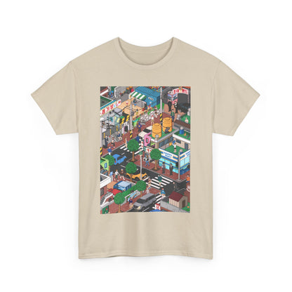 Elegant cotton t-shirt designed for both men and women, featuring a detailed illustration of a bustling urban environment, blending comfort with style.