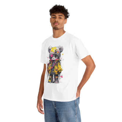 A fashionable male model wearing a unique panda bear graphic t-shirt, showcasing an urban street style with vibrant colours.