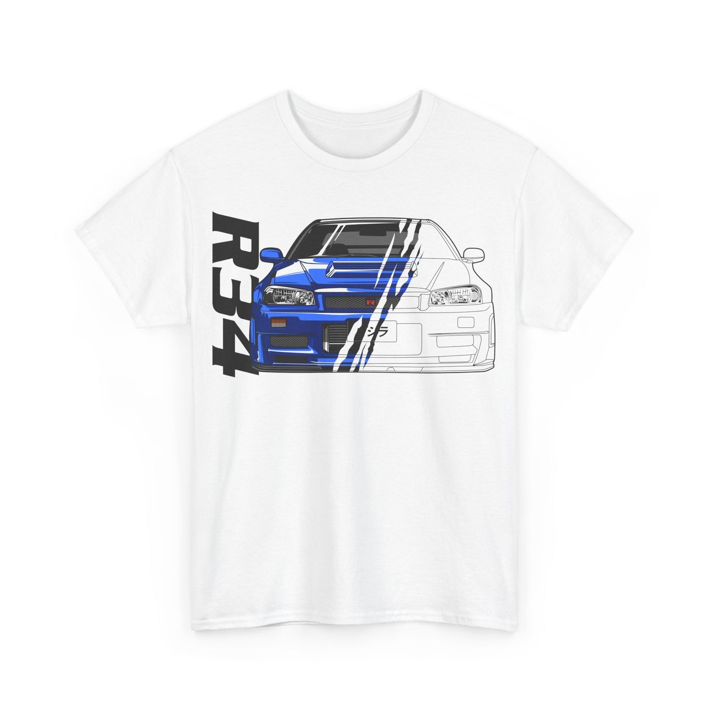 Stylish white men's t-shirt showcasing a detailed depiction of the blue Nissan Skyline GT-R, merging elegance with automotive passion.