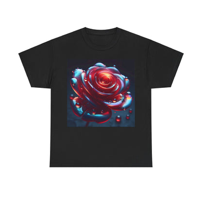 Ethereal Rose Unisex Graphic T-Shirt - Soft Cotton Tee featuring an iridescent floral design with a close-up of a red rose adorned with water droplets on a dark background.