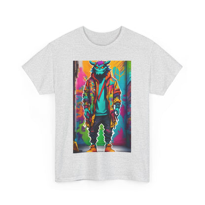 Front view of Street Monster Graphic T-Shirt, Urban Streetwear Top, Unisex Cotton featuring a vibrant graphic design of a monster in stylish urban attire.