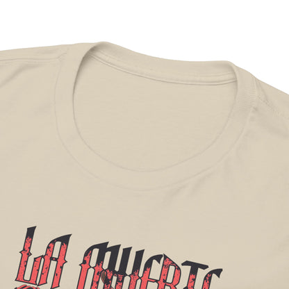 Close-up of the neckline of the La Muerte Graphic T-Shirt, highlighting the exquisite craftsmanship and unique gothic font design that adds a touch of sophistication.