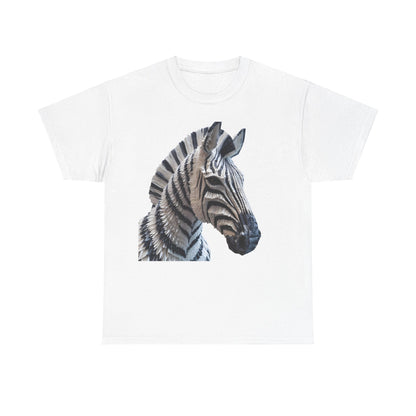 Zebra Elegance Unisex Graphic T-Shirt in pure white, displaying a stunning zebra sculpture print that combines artistry with luxury.