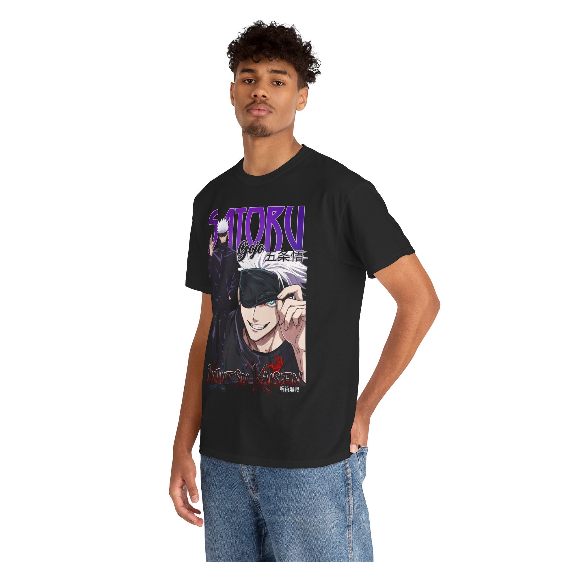 Model displaying the exquisite Gojo Satoru graphic T-shirt from Jujutsu Kaisen, merging style and sophistication in anime-themed fashion.